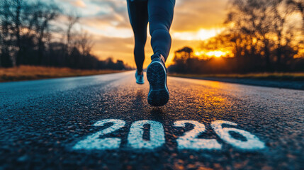 New Year 2026 start concept with the word 2026 painted on asphalt road and athlete running forward at sunset, symbolizing fresh goals, plans, motivation, personal growth, copy space banner