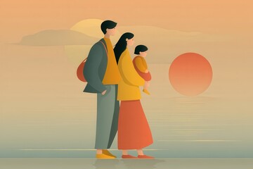 Fototapeta premium Sunset family stroll near the water with a child in serene landscape