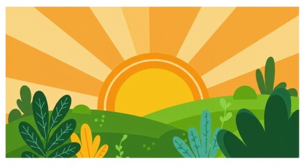 Obraz premium Vibrant Sunrise Over Green Hills and Lush Foliage Illustration.