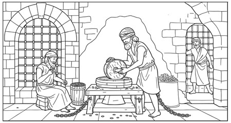 Ancient dungeon scene with prisoners grinding grain