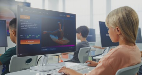 Smart Young Girl Using Computer, Creating Project in AI Video Generator. Elementary School Children Learning Artificial Intelligence During Digital Art Lesson. Interactive STEM Education. Static Shot.