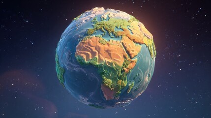 Fototapeta premium Colorful 3D representation of Earth showcasing continents, oceans, and diverse landscapes in vibrant hues