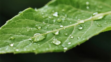 Close-up of a green leaf with water droplets glistening in natural light