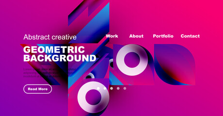 Vibrant pink website design features geometric shapes, text, navigation menu. Modern aesthetic, bold colors, circular elements present.