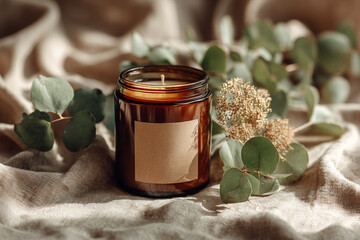 Brown glass candle jar mockup on linen fabric with eucalyptus leaves in soft natural lighting.