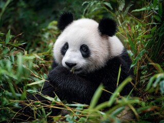 Fototapeta premium Giant panda among bamboo foliage