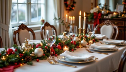 christmas dinner table with elegant white and red decorations pine branches crystal glasses candles golden cutlery sparkling ornaments cozy warm festive atmosphere