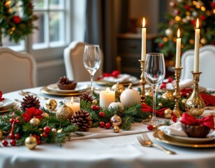 elegant festive table with pine cones red ribbons golden accents crystal glasses candles sparkling ornaments white linen cozy inviting christmas holiday realistic style