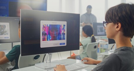 Primary School Boy Working on Computer, Creating Futuristic Picture in AI Image Generator. Diverse Kids Studying Artificial Intelligence During Digital Art Class. Innovative STEM Learning. Static Shot