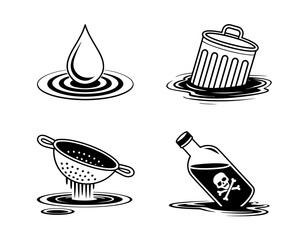 Environmental Pollution Icons Water Drop, Trash, Strainer, and Poison Bottle in Simple Black and White Graphic