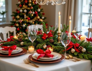 elegant holiday table arrangement with pine branches red ribbons golden accents crystal glasses candles sparkling ornaments white linen cozy festive christmas atmosphere