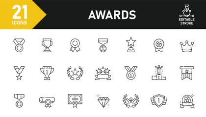 Awards line icon set. Set of 21 outline icons related to badge, trophy, winner, medal, reward, champion, best, certificate and others. Editable stroke. Vector illustration.