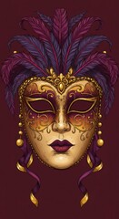 An intricate, detailed illustration of a Venetian mask, adorned with rich purple and gold embellishments and feathers, set against a deep maroon backdrop.