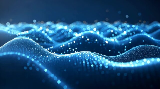 Futuristic abstract waves of glowing blue digital particles forming technology landscape with flowing energy patterns
