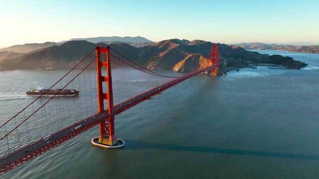 Aerial view of the iconic Golden Gate Bridge spanning across the water with a ship nearby, bathed in the warm glow of sunrise, San Francisco, California, United States.