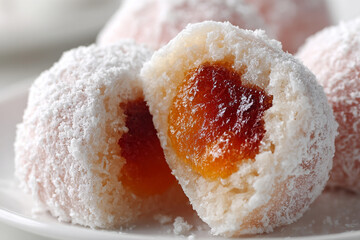 Soft mochi dessert dusted with powdered sugar, revealing rich fruit jam center in detailed close-up.