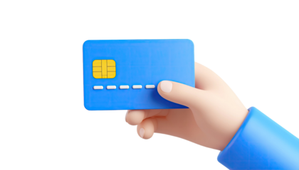 Human hand holding bright blue credit card for banking finance payment transaction shopping and money exchange isolated on white background