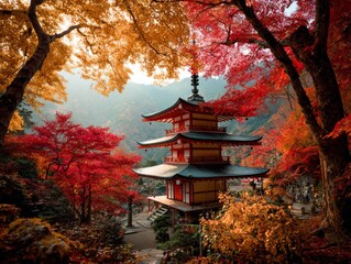 Autumn leaves frame a Japanese temple pagoda