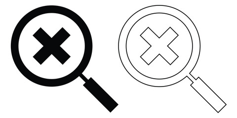 Cross sing on dark magnifying glass icon. Search object, Lens icon set. Graphical vector illustration of zoom icon. Modern vector shape lens. Black isolated zoom icon set. EPS 10. 