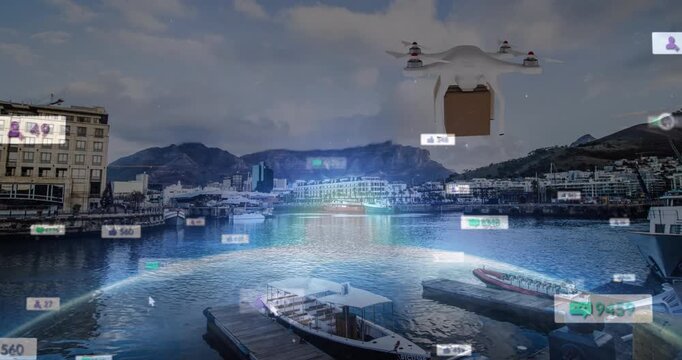 Animation of media icons and drone over cityscape - Powered by Adobe