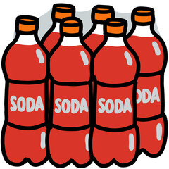 Colorful illustration of six red soda bottles with orange caps arranged in a pack. Cartoon-style drawing with bold outlines and simple design, perfect for beverage, drink, and refreshment concepts.