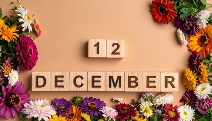 Wooden Blocks with Date 12 December. Floral Calendar – Vibrant Flowers on Solid Colored Background