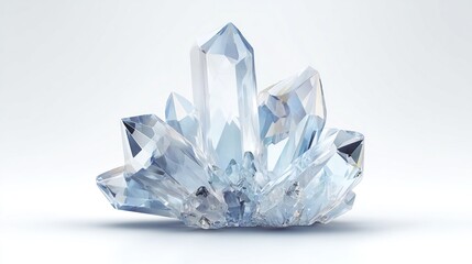 A cluster of translucent, light-blue crystals with sharp, multifaceted points, exhibiting internal reflections and a smooth, polished base, sits on a white background