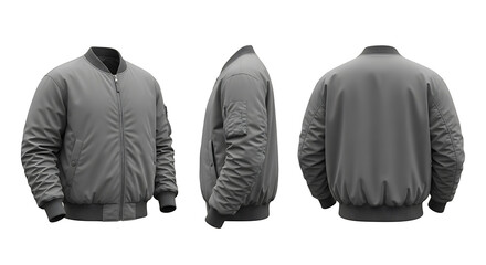 Gray Bomber Jacket Mockup, Front, Side, and Back View, Isolated on White Background