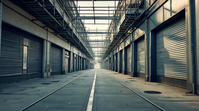 Large empty industrial warehouse interior with rows of metal shutters and concrete floor under steel framework