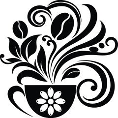 Stylized coffee cup with swirls and coffee beans evoking aroma and energy vector