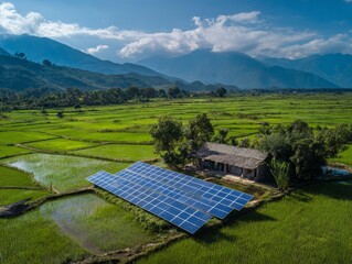 Solar panels beside a thatched hut in terraced rice paddies
