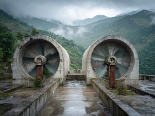 Two large cooling fans on concrete platform with mountains