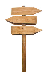 Wooden signpost with directional arrows showing different ways isolated on transparent background. Empty sign board, choose course to go