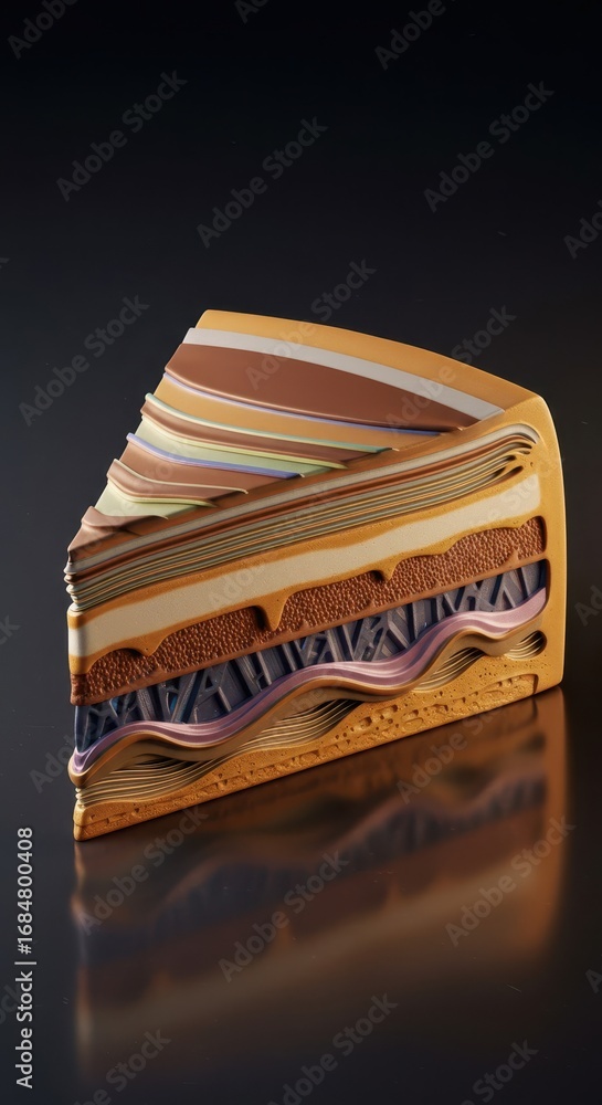 Poster a detailed slice of layered cake, showcasing intricate textures and a vibrant array of colors, prese