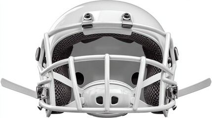 Front view of a pristine white American football helmet with a facemask