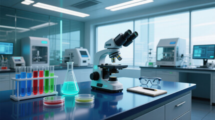 Modern Science Laboratory with Microscope and Test Tubes.