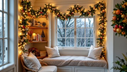 cozy corner reading nook with shimmering garlands wrapped around shelves, neutral palette, warm christmas feeling.