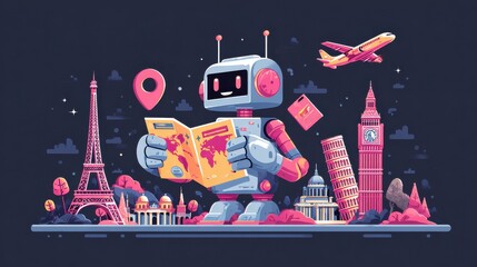 Robot exploring famous landmarks with a map, featuring iconic structures and an airplane in the background