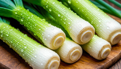 Close-up of fresh leeks with water droplets on a wooden surface