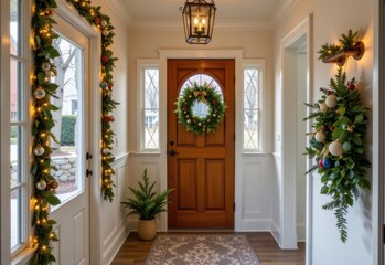 clean entryway decorated with shimmering garlands on hooks, natural tones, warm glow, cozy christmas minimalism.
