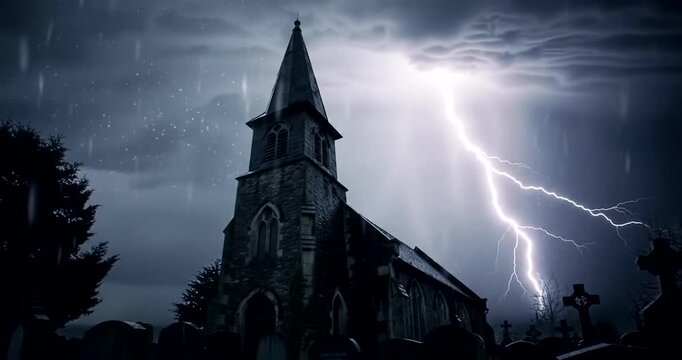 Dramatic lightning strikes a gothic church steeple during a fierce thunderstorm with rain and dark clouds.