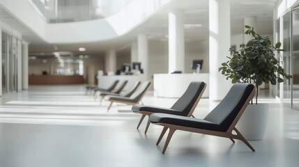 Fototapeta premium Relaxing Chairs in Bright Lobby with Modern Interior and Natural Light.