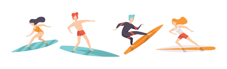 Man and Woman Surfer Ride Wave on Surfboard Vector Set
