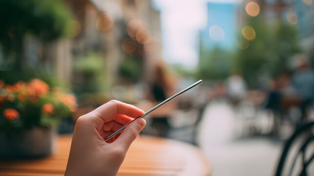 Hand elegantly declines a plastic straw in favor of a metal reusable one, set against a softly focused street cafe ambiance.