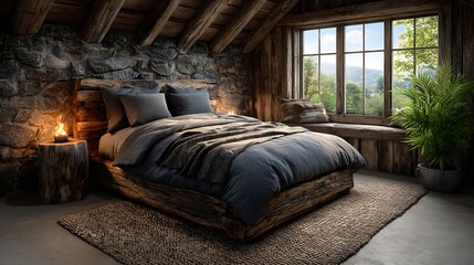 Fototapeta premium A realistic high-definition photo of a cozy Scandinavian-style bedroom with wooden accents.