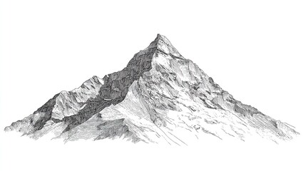 Monochromatic drawing shows towering mountain peak with rugged, snowy terrain