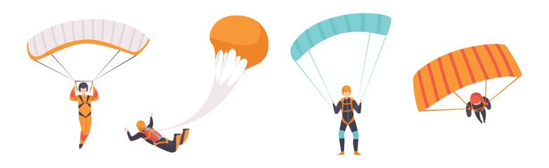 Man Jump with Parachute Engaged in Extreme Sport Activity Vector Set