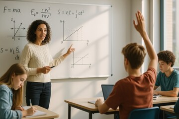 Female teacher explaining physics lesson on whiteboard to engaged students in classroom
