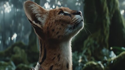 Majestic Serval Cat Gazes Upward in Enchanting Forest with Wildlife Portrait. - Powered by Adobe