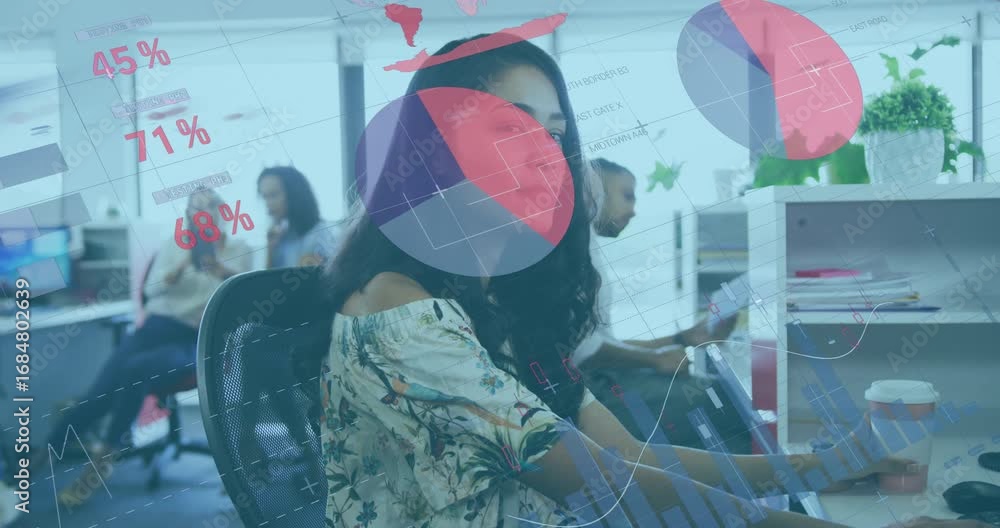 Poster animation of data processing over diverse business people using computer